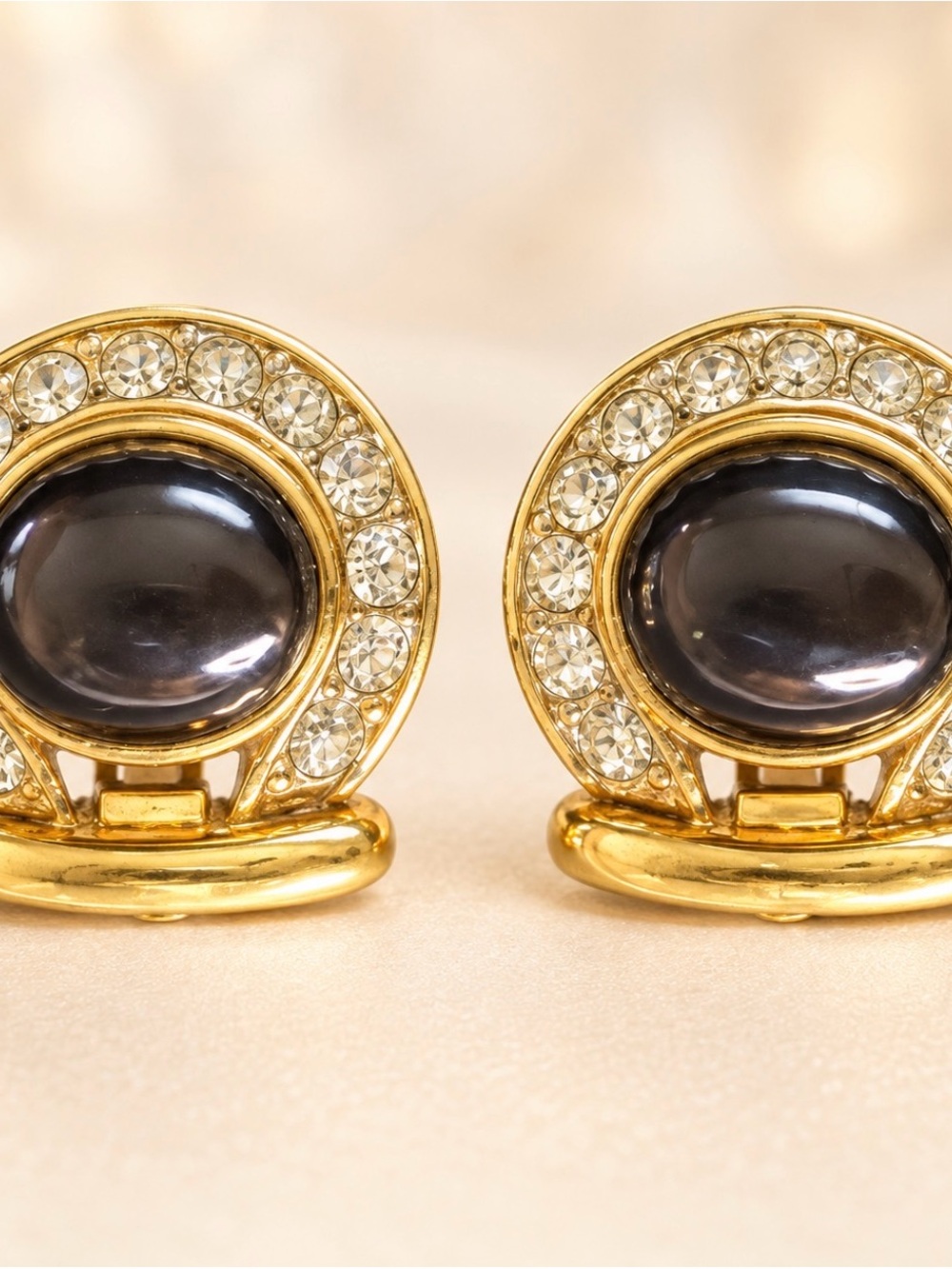1980s Nina Ricci Gold-Tone Black Stone Crystal Halo Clip-On Earrings